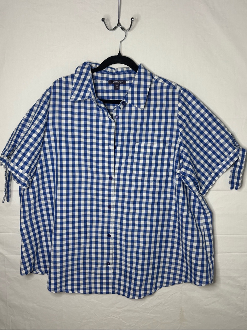 Roaman's Blue and White Gingham Short Sleeve Button-Up Blouse